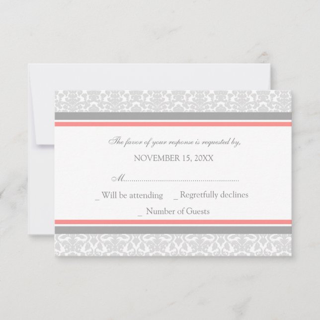 Coral Grey Damask RSVP Wedding Card (Front)