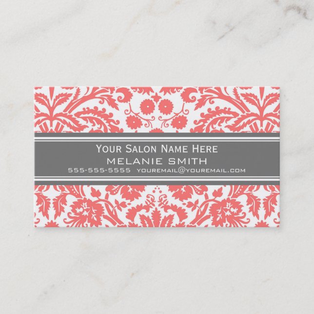 Coral Grey Damask Salon Appointment Cards (Front)