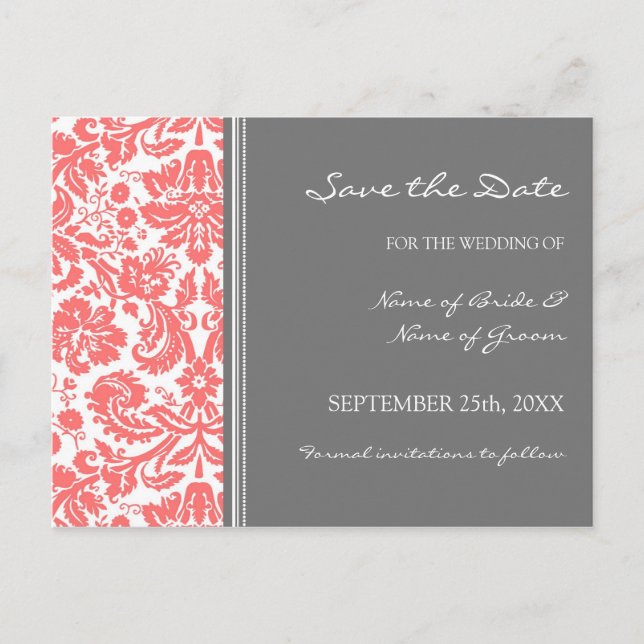 Coral Grey Damask Save the Date Wedding Postcard (Front)