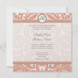Coral & Grey Damask  Wedding Invitations