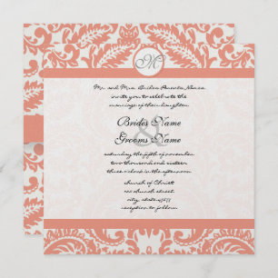Coral & Grey Damask Wedding Invitations