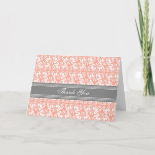 Coral Grey Damask Wedding Thank You Card