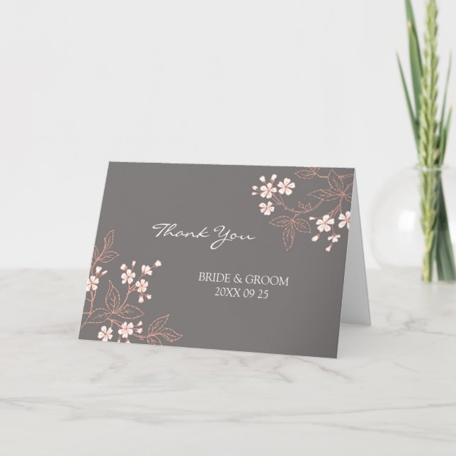 Coral Grey Damask Wedding Thank You Card (Front)