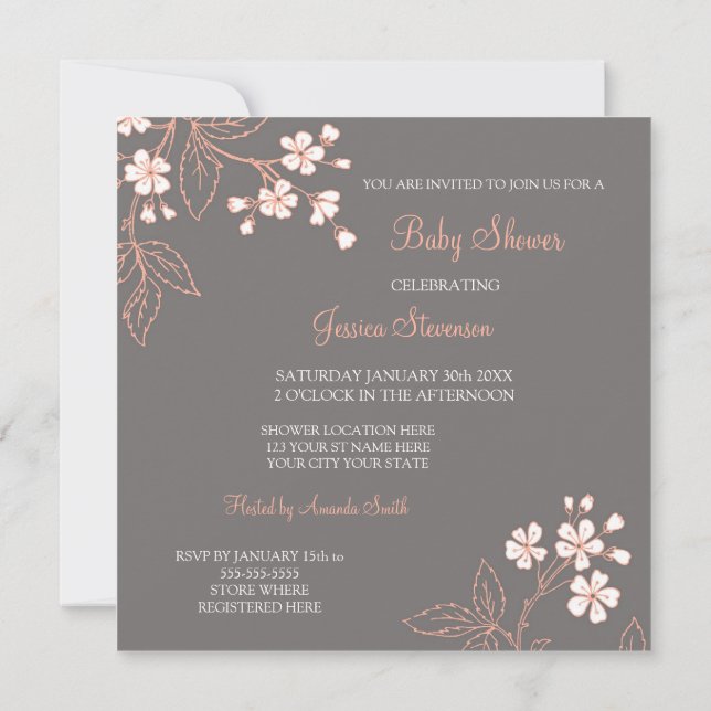Coral Grey Floral Custom Baby Shower Invitations (Back)