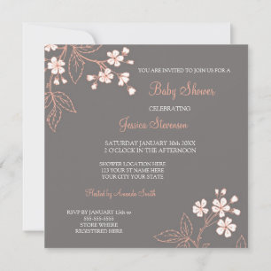 Coral Grey Floral Custom Baby Shower Invitations