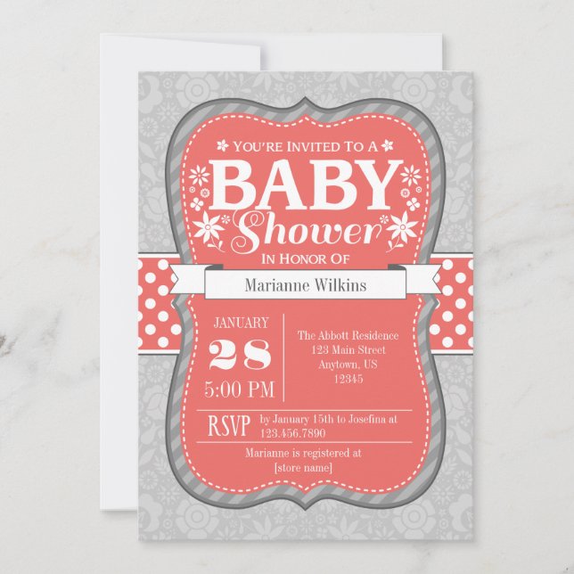 Coral Grey Floral Flower Baby Shower Invitation (Front)