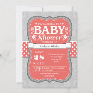 Coral Grey Floral Flower Baby Shower Invitation