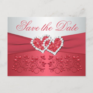 Coral, Grey Floral Hearts Save the Date Postcard