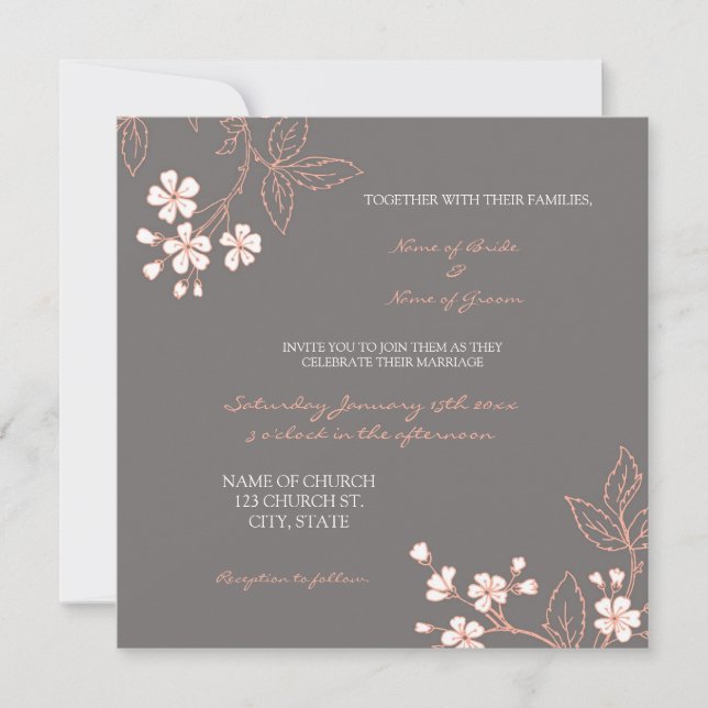 Coral Grey Floral Photo Wedding Invitation Cards (Front)