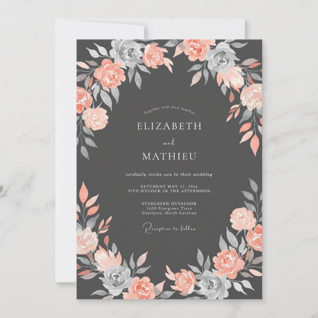 Coral Grey Floral Romance Wedding Invitation (Front)