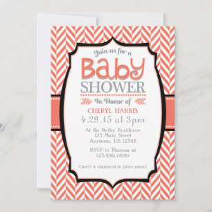 Coral Grey Herringbone Baby Shower Invitations