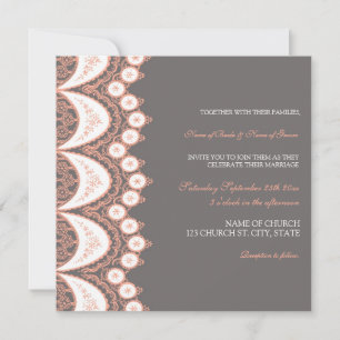 Coral Grey Lace Pattern Wedding Invitation Cards