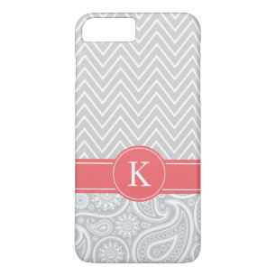 Coral Grey Monogram Chevron Paisley Pattern iPhone 8 Plus/7 Plus Case
