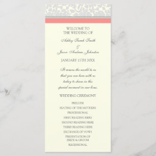 Coral Grey Off White Damask Wedding Program