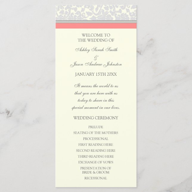 Coral Grey Off White Damask Wedding Program (Front)