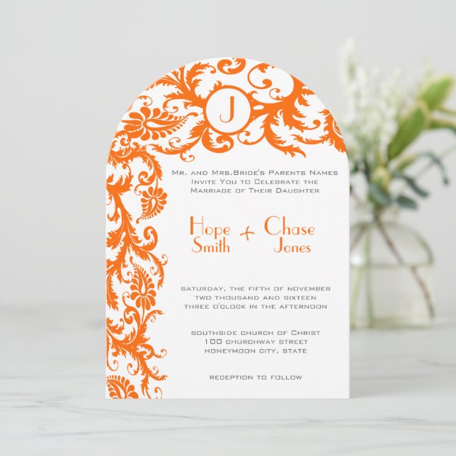 Coral & Grey Orange Damask Wedding Invitation (Standing Front)