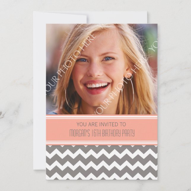Coral Grey Photo 16th Birthday Party Invitations (Front)