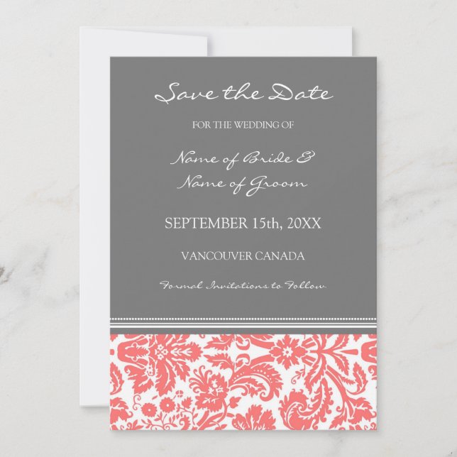 Coral Grey Photo Wedding Save the Date Card (Front)