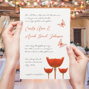 Coral & Grey Poppies Butterfly Wedding Invitation