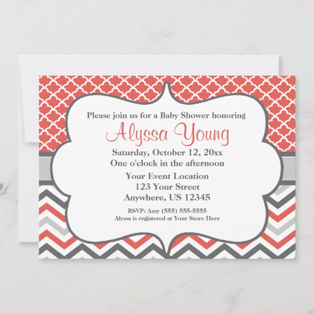 Coral Grey Quatrefoil Chevron Invitation (Front)