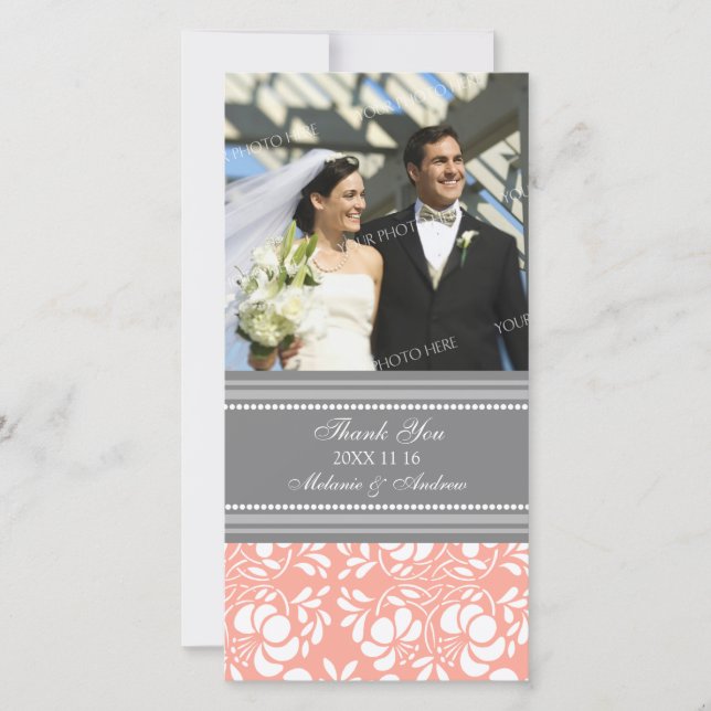 Coral Grey Thank You Wedding Photo Cards (Front)