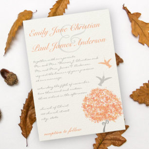 Coral Grey Tree Humming Birds Wedding Invitation