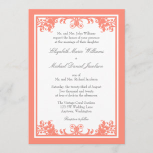 Coral Grey Vintage Flourish Scroll Wedding Invitation