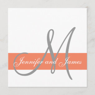 Coral Grey Wedding Invitation Monogram Names