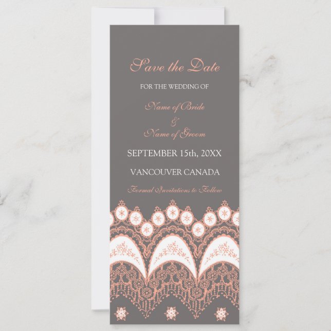 Coral Grey Wedding Save the Date Card (Front)