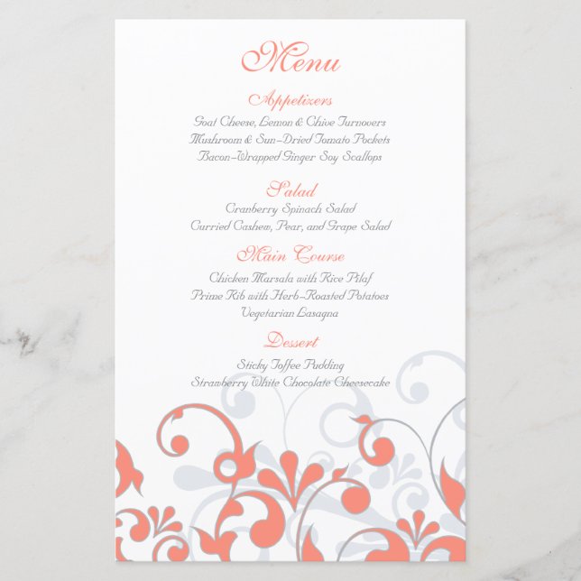 Coral Grey White Floral Wedding Menu Card (Front)