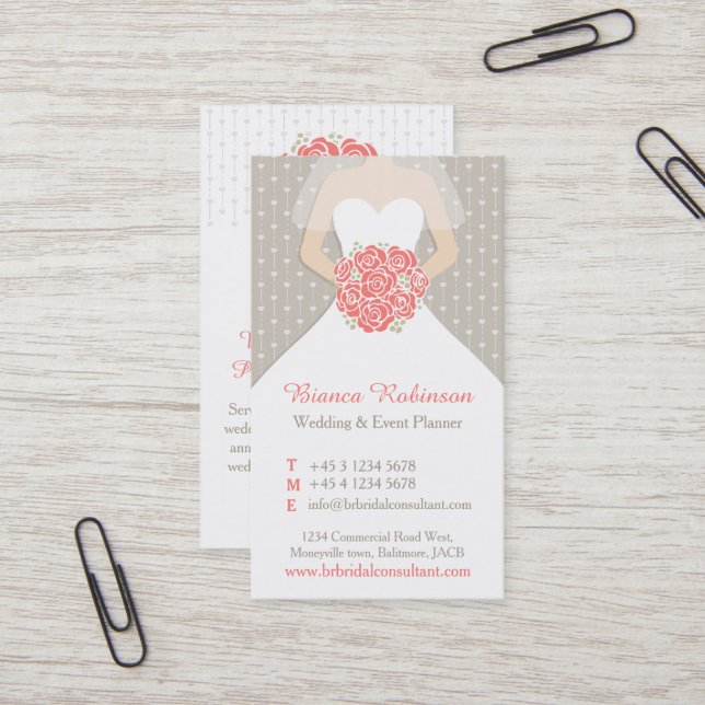 Coral, grey & white wedding planner business card (Front/Back In Situ)