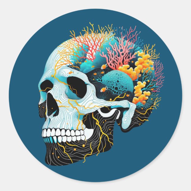 Coral Harmony Skull Classic Round Sticker (Front)