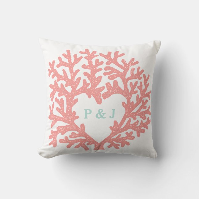 Coral Heart Aqua Beach Wedding Custom Date Cushion (Front)