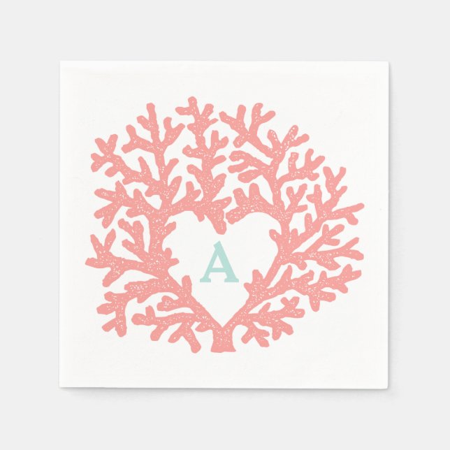 Coral Heart Aqua Beach Wedding Custom Napkin (Front)
