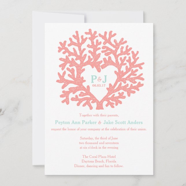Coral Heart Aqua Beach Wedding Invitations (Front)