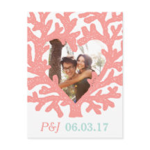 Coral Heart Aqua Beach Wedding Save the Dates