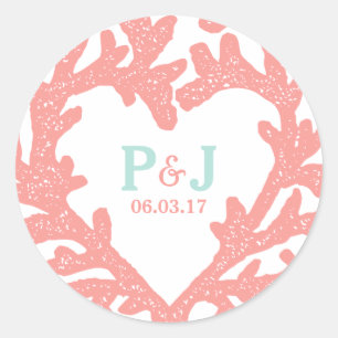 Coral Heart Aqua Beach Wedding Stickers