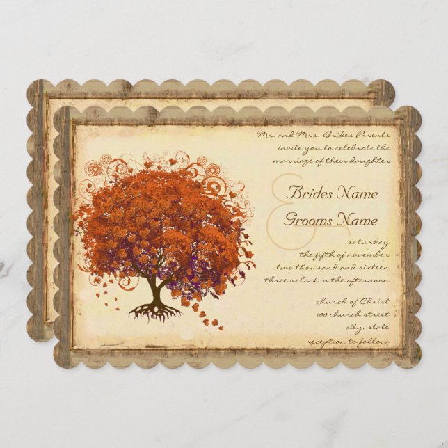 Coral Heart Leaf Tree Rustic Barn Forest Wedding Invitation (Front/Back)