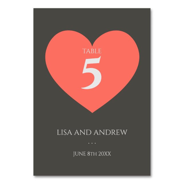 Coral Heart Wedding Table Number (Front)