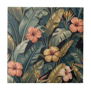 Coral Hibiscus Banana Leaf Tropical Pattern Dark  Ceramic Tile