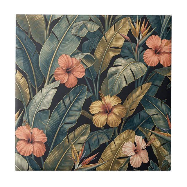 Coral Hibiscus Banana Leaf Tropical Pattern Dark  Ceramic Tile (Front)