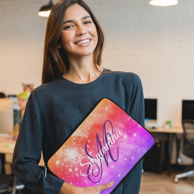 Coral Hot Pink and Purple Celestial Ombre Monogram Laptop Sleeve (Customize the font style, size and color of the personalized monogram to match your personal style.)