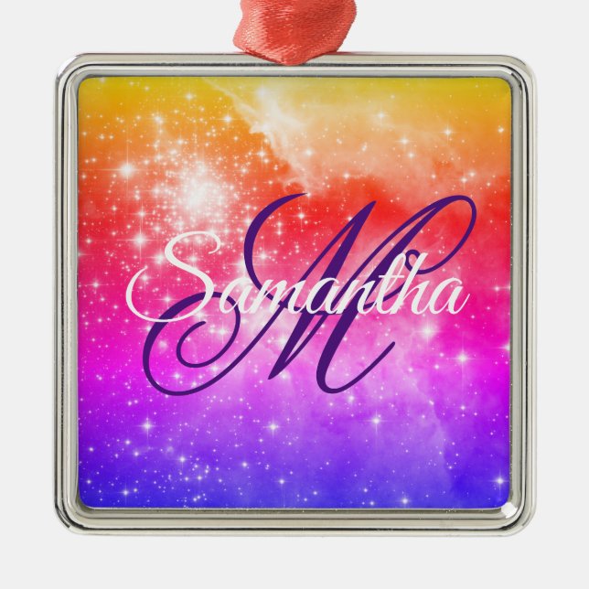 Coral Hot Pink and Purple Celestial Ombre Monogram Metal Ornament (Front)