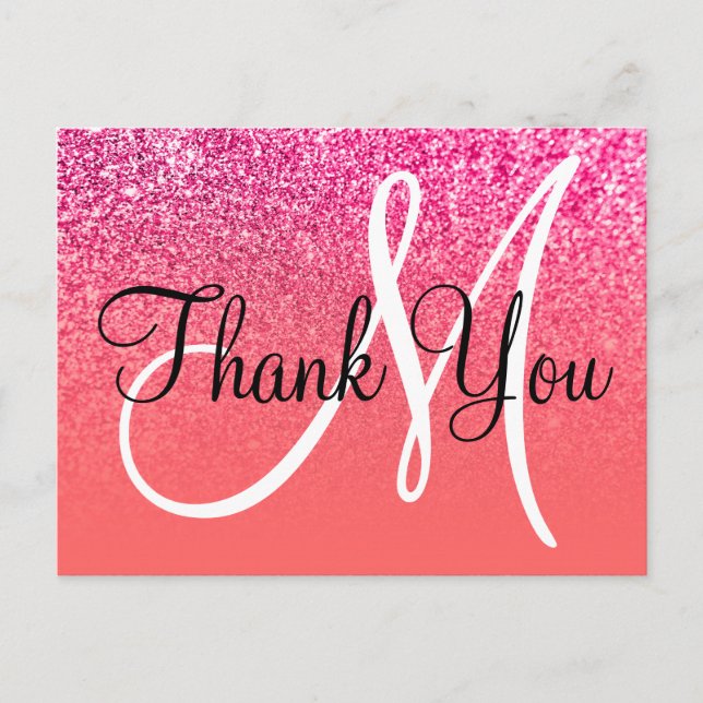 Coral Hot Pink Ombre Glitter Monogram Thank You Postcard (Front)
