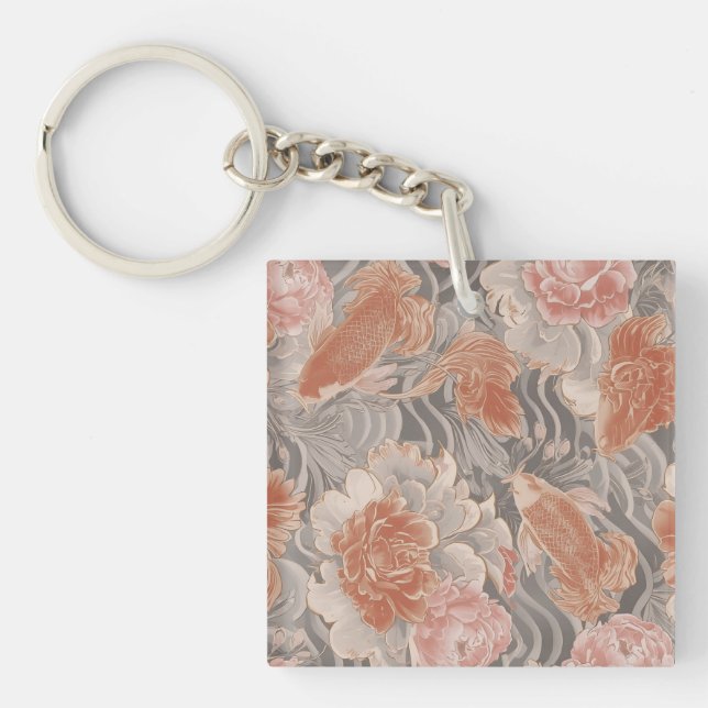 Coral Koi Chinoiserie Floral Pattern Key Ring (Front)