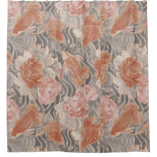 Coral Koi Chinoiserie Floral Pattern Shower Curtain