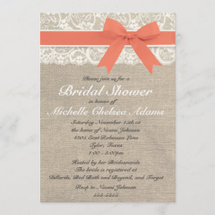 Coral Lace Burlap Bridal Shower Invitation