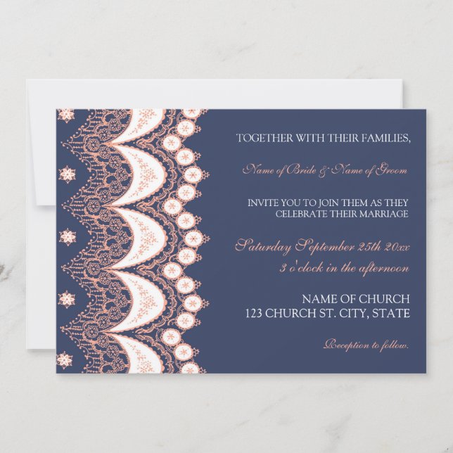 Coral Lace Pattern Photo Wedding Invitation Cards (Front)