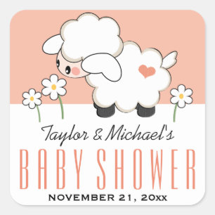 Coral Lamb Baby Shower Square Sticker