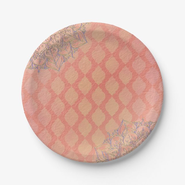 Coral Lavender Gold Moroccan Arabian Wedding Paper Plate (Front)